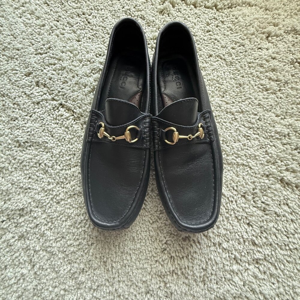 Gucci Womens Moccasin Horsebit Drivers, Black-Brown, Size 7.5 US
